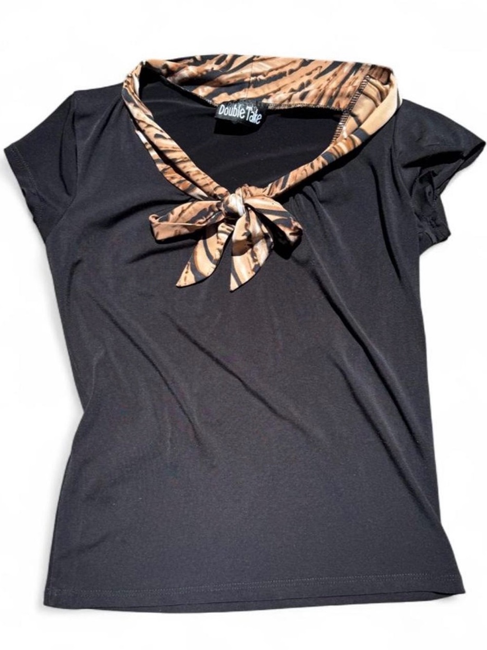 Vintage y2k Double Take Black Short-Sleeve Top with Tiger-Print Neck Tie
